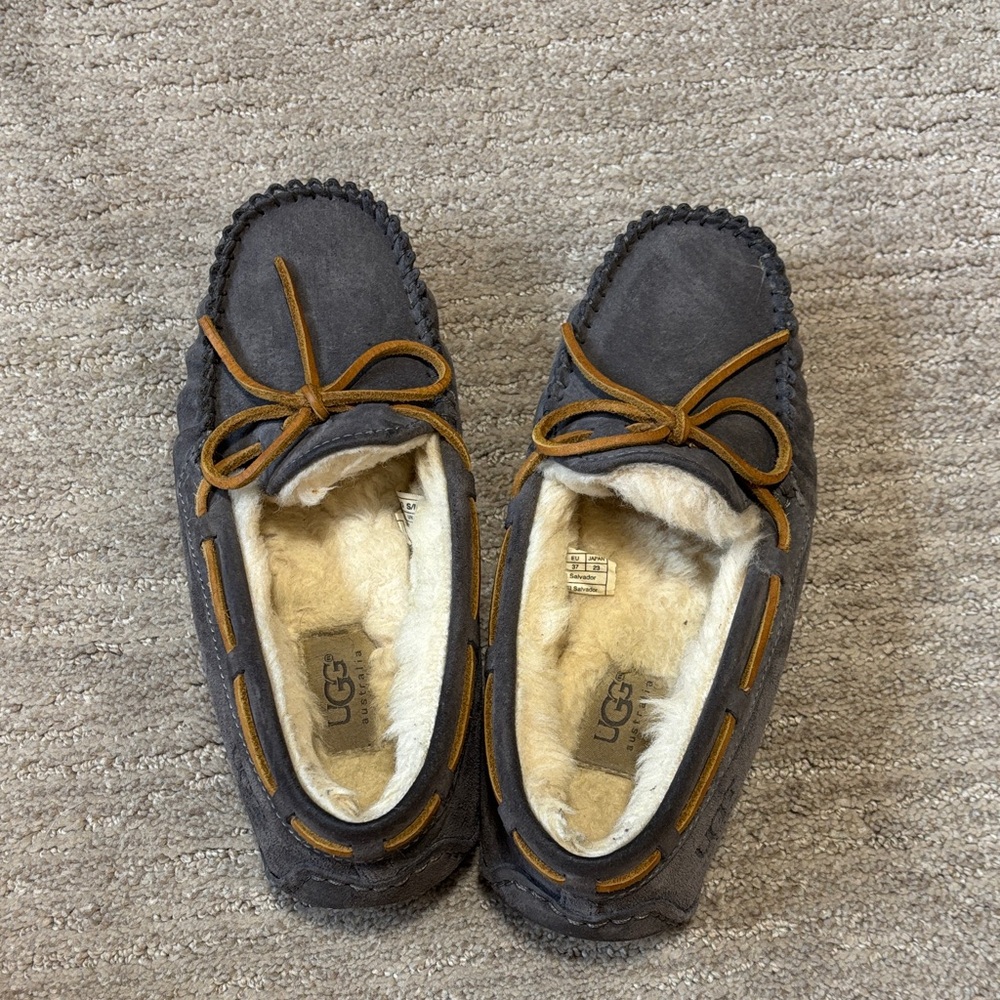 UGG Charcoal Suede Moccasins with Tan Laces